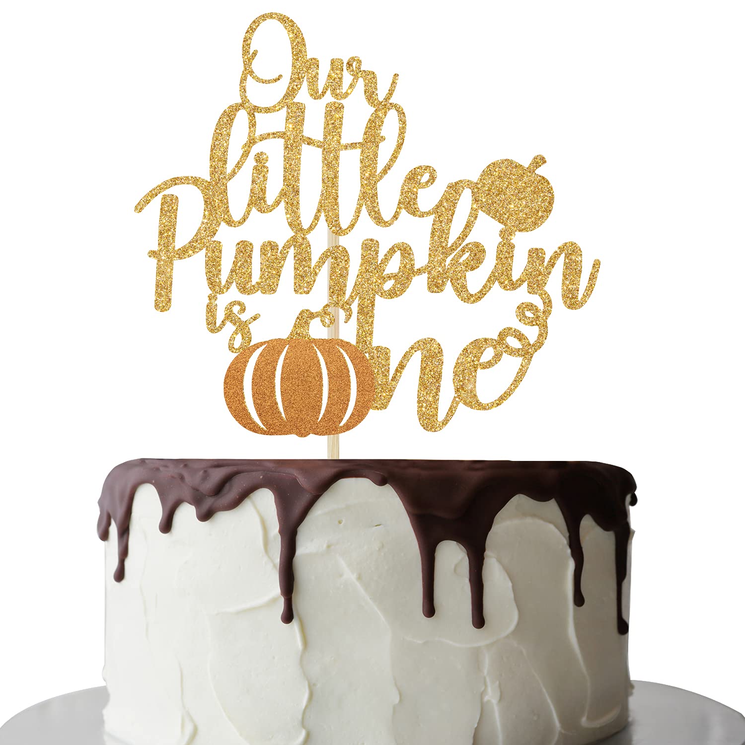 Our Little Pumpkin is One Cake Topper, Little Pumpkin 1st Birthday Cake Topper, Fall Pumpkin 1st Birthday Party Decoration Supply Gold Glitter