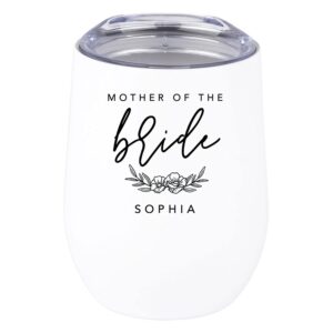 andaz press personalized mother of the bride wine tumbler with lid 12 oz stemless stainless steel insulated custom name tumbler gift for mother in law mom wedding engagement party bridal shower gifts