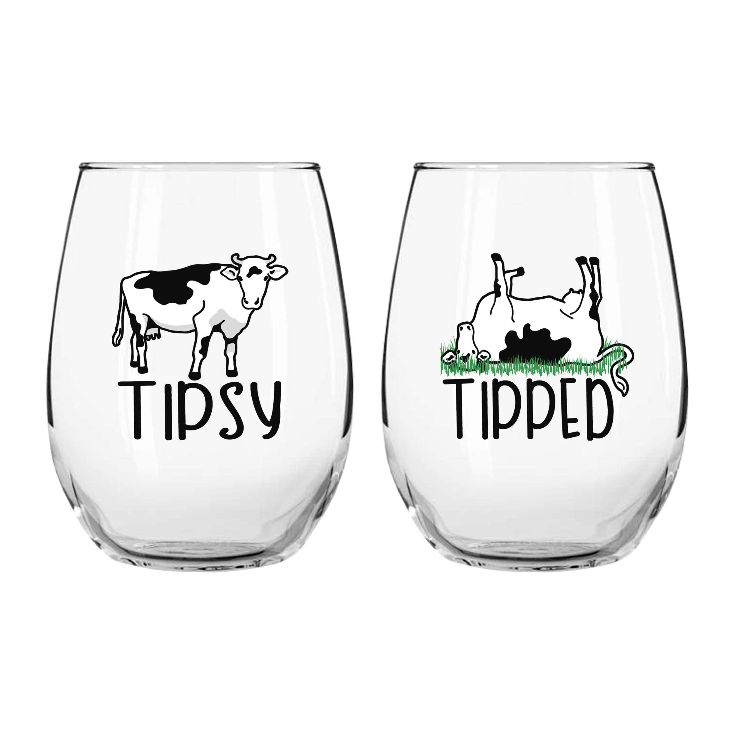 Drinking Divas 'Tipsy' and 'Tipped' Wine Glasses - Set of 2 Stemless Non-Rolling, Flat Bottom 15oz Tumblers with Sayings | Cute & Funny Cow Gifts for Mom, Girlfriend, Wife, Best Friend