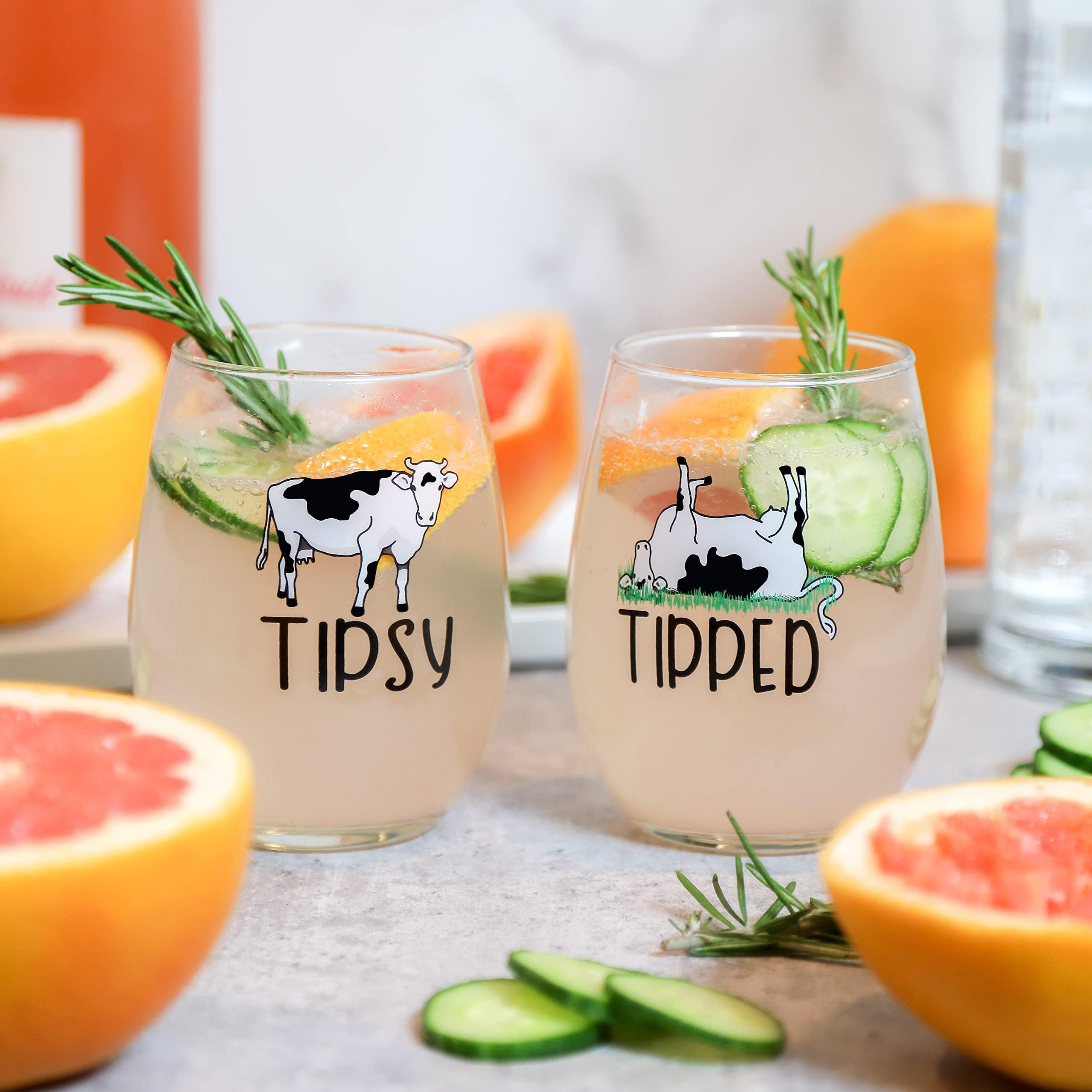 Drinking Divas 'Tipsy' and 'Tipped' Wine Glasses - Set of 2 Stemless Non-Rolling, Flat Bottom 15oz Tumblers with Sayings | Cute & Funny Cow Gifts for Mom, Girlfriend, Wife, Best Friend