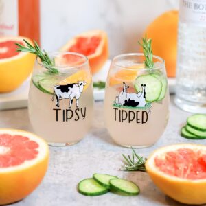 Drinking Divas 'Tipsy' and 'Tipped' Wine Glasses - Set of 2 Stemless Non-Rolling, Flat Bottom 15oz Tumblers with Sayings | Cute & Funny Cow Gifts for Mom, Girlfriend, Wife, Best Friend