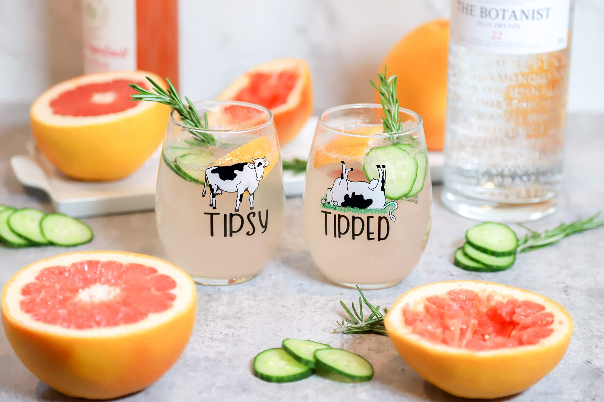 Drinking Divas 'Tipsy' and 'Tipped' Wine Glasses - Set of 2 Stemless Non-Rolling, Flat Bottom 15oz Tumblers with Sayings | Cute & Funny Cow Gifts for Mom, Girlfriend, Wife, Best Friend