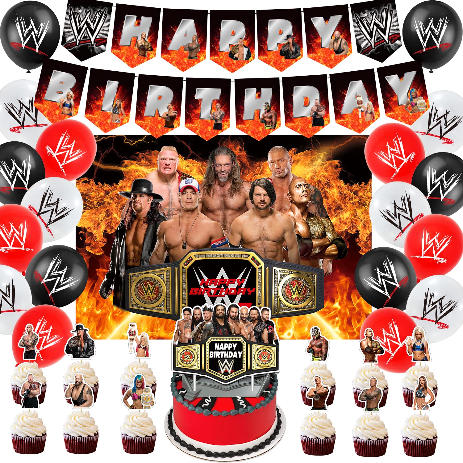 Wrestling Party Supplies Birthday Birthday Party Decorations Set ,Include Backdrop, Banner Balloons Cake Tops