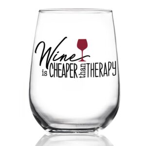 toasted tales wine is cheaper than therapy drinking glasses | 15 oz stemless bachelorette wine glasses | cute wine glass tumbler | glassware for novelty gifts | girls weekend gifts for women
