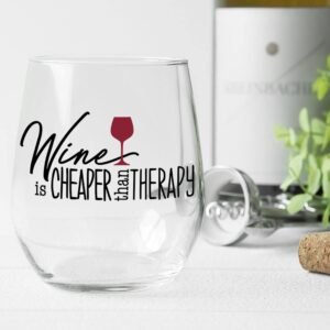 Toasted Tales Wine Is Cheaper Than Therapy Drinking Glasses | 15 oz Stemless Bachelorette Wine Glasses | Cute Wine Glass Tumbler | Glassware For Novelty Gifts | Girls Weekend Gifts For Women
