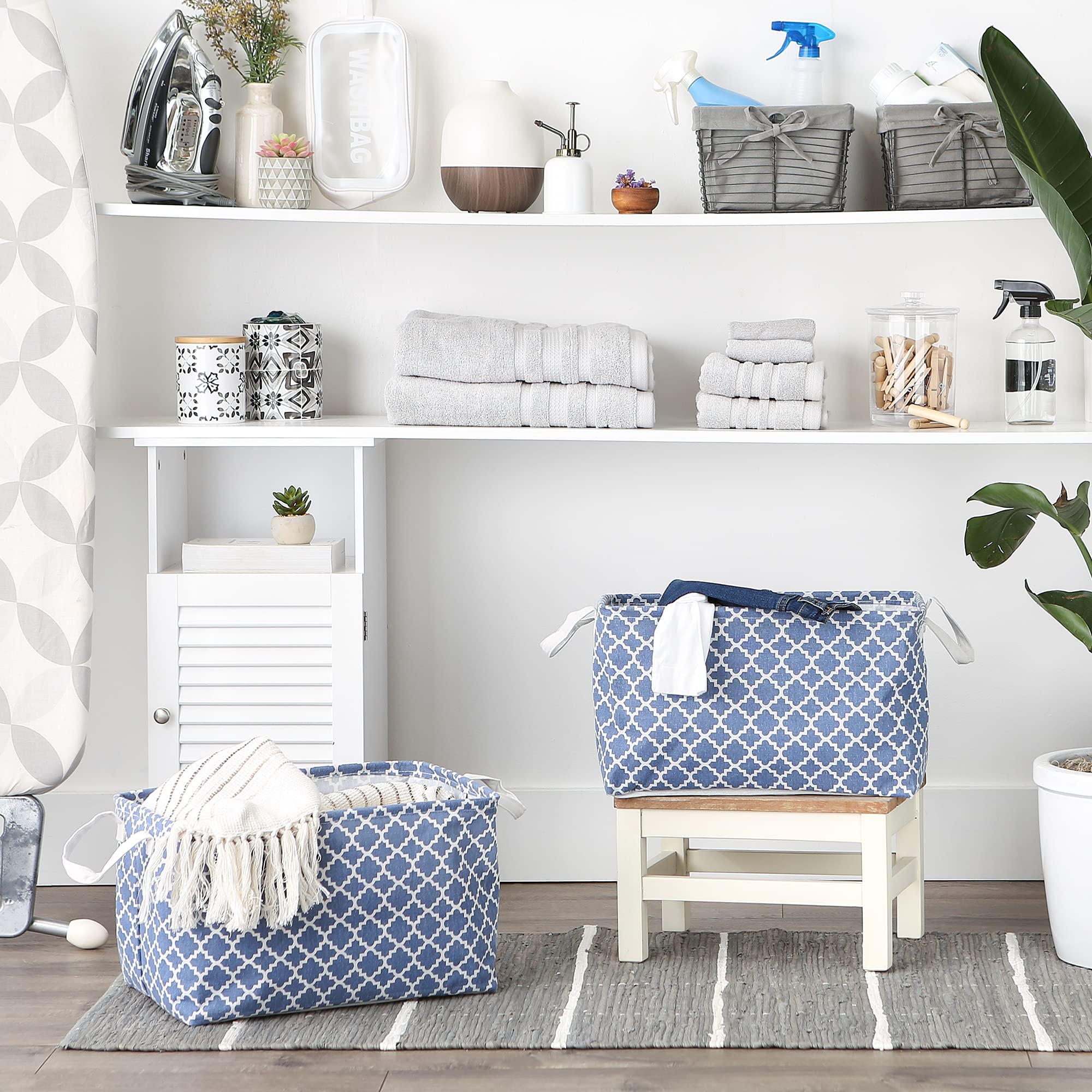 DII Laundry Storage Collection, PE Coated Collapsible Bin with Handles, French Blue Lattice, Extra-Large Set, 12.5x17.5x10.5"