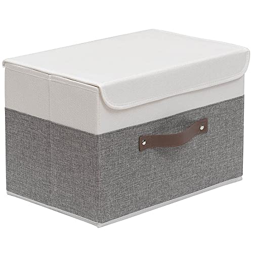 OUTBROS Foldable Storage Boxes with Lids,Large Linen Fabric Foldable Storage Boxes Organizer,Closet Organizers for Clothes Storage, Office Storage 13 x 9.1 x 7.9 inch,White/Grey，1-Pack