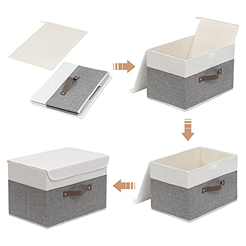 OUTBROS Foldable Storage Boxes with Lids,Large Linen Fabric Foldable Storage Boxes Organizer,Closet Organizers for Clothes Storage, Office Storage 13 x 9.1 x 7.9 inch,White/Grey，1-Pack