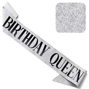 corrure 'birthday queen' sash glitter with black foil - silver glitter happy birthday sash for women - party favors supplies and decorations for sweet 16, 18th 21st 30th 40th or any bday party