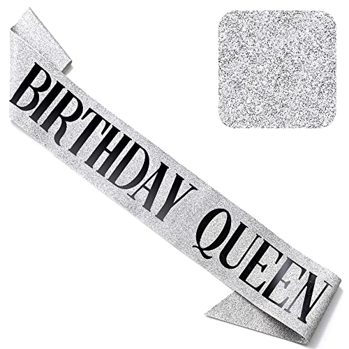 CORRURE 'Birthday Queen' Sash Glitter with Black Foil - Silver Glitter Happy Birthday Sash for Women - Party Favors Supplies and Decorations for Sweet 16, 18th 21st 30th 40th or Any Bday Party