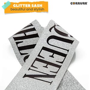 CORRURE 'Birthday Queen' Sash Glitter with Black Foil - Silver Glitter Happy Birthday Sash for Women - Party Favors Supplies and Decorations for Sweet 16, 18th 21st 30th 40th or Any Bday Party