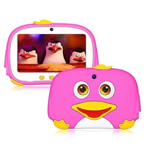 egotek penguin android kids tablet, 7inch quad core tablet for kids with wifi, android 10 os, preinstalled iwawa app, 3000mah long time battery(4~5h), 2gb+32gb, 1024x600 ips panel. (pink)