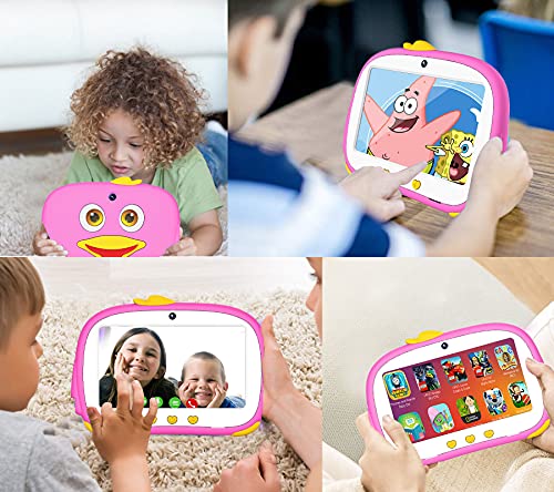 EGOTEK Penguin Android Kids Tablet, 7inch Quad Core Tablet for Kids with WiFi, Android 10 OS, Preinstalled iWawa App, 3000Mah Long Time Battery(4~5H), 2GB+32GB, 1024x600 IPS Panel. (Pink)