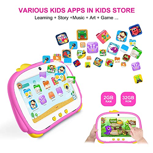 EGOTEK Penguin Android Kids Tablet, 7inch Quad Core Tablet for Kids with WiFi, Android 10 OS, Preinstalled iWawa App, 3000Mah Long Time Battery(4~5H), 2GB+32GB, 1024x600 IPS Panel. (Pink)
