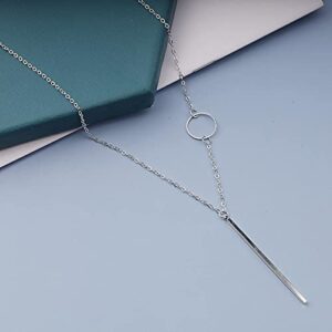 Yheakne Vertical Bar Circle Necklace Silver Circle Pendant Necklace Boho Long Necklaces Chain Minimalist Geometric Ring Necklace Jewelry for Women and Girls
