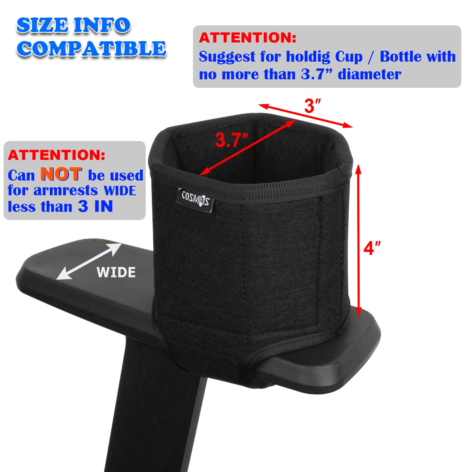 Cosmos Arm Chair Cup Holder Armrest Drink Can Water Bottle Holder for Armrest Chair, Recliner, Gaming & Office Chair, Foldable Felt in Black Color