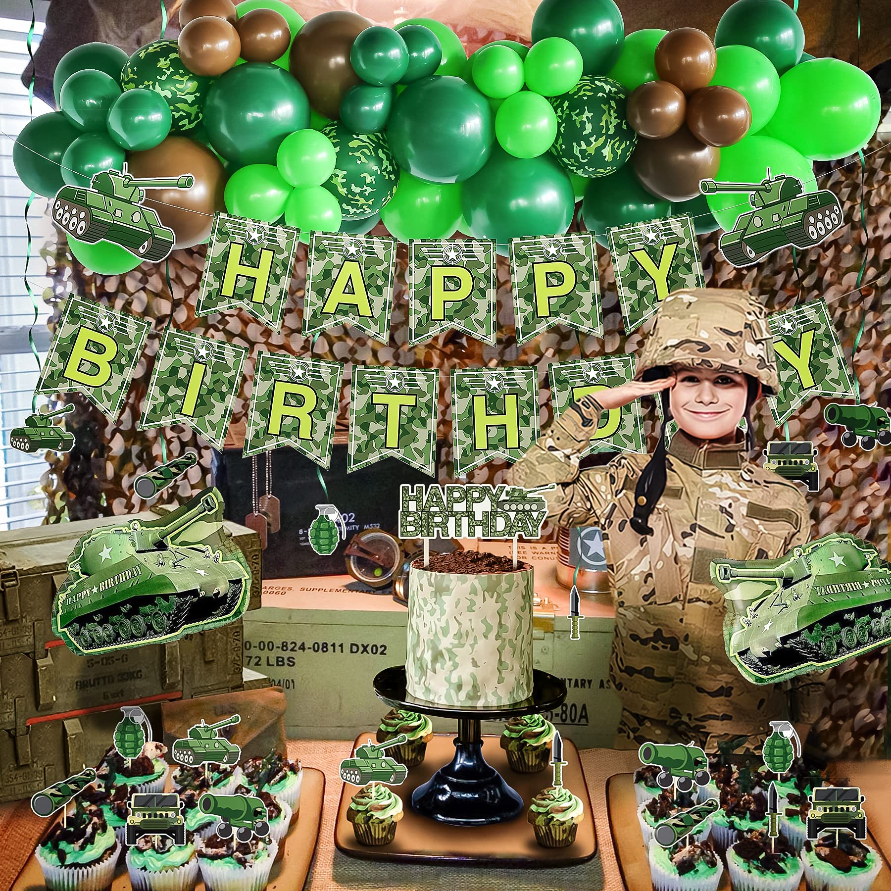 Homond Army Party Decorations, Army Birthday Party Supplies Kit, Army Decorations For Party, Army Banner Cake Topper Swirls, Camouflage Balloon Garland Arch Kit Green Brown