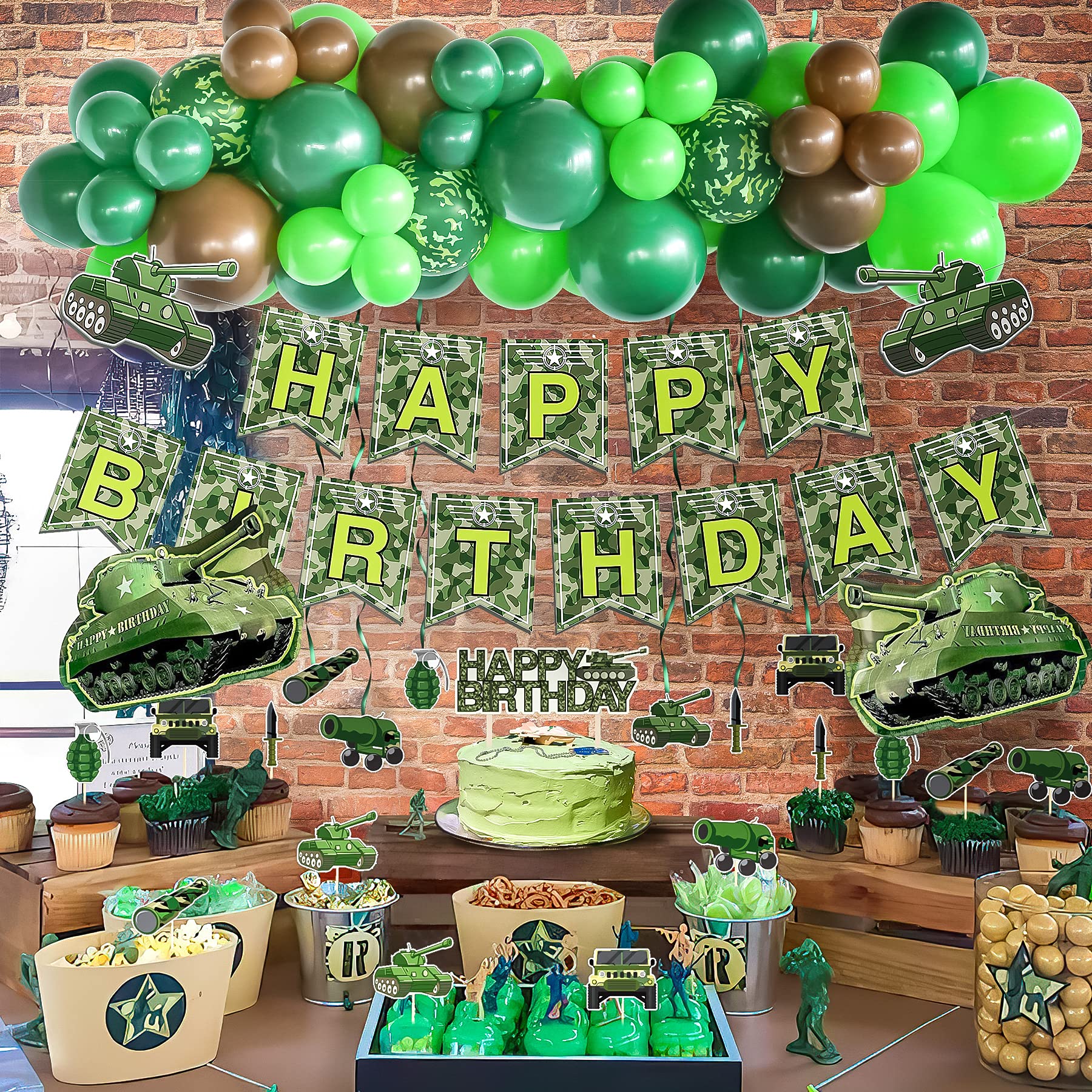 Homond Army Party Decorations, Army Birthday Party Supplies Kit, Army Decorations For Party, Army Banner Cake Topper Swirls, Camouflage Balloon Garland Arch Kit Green Brown