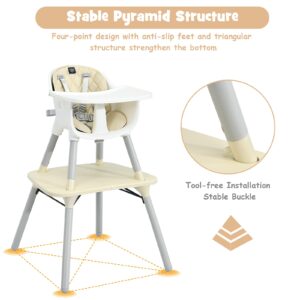 BABY JOY High Chair, 5 in 1 Convertible Highchair for Babies & Toddlers | Booster Seat | Table and Chair Set | Infant Feeding Chair with Removable Tray, Safety Harness, Removable Cushion (Beige)