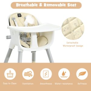 BABY JOY High Chair, 5 in 1 Convertible Highchair for Babies & Toddlers | Booster Seat | Table and Chair Set | Infant Feeding Chair with Removable Tray, Safety Harness, Removable Cushion (Beige)