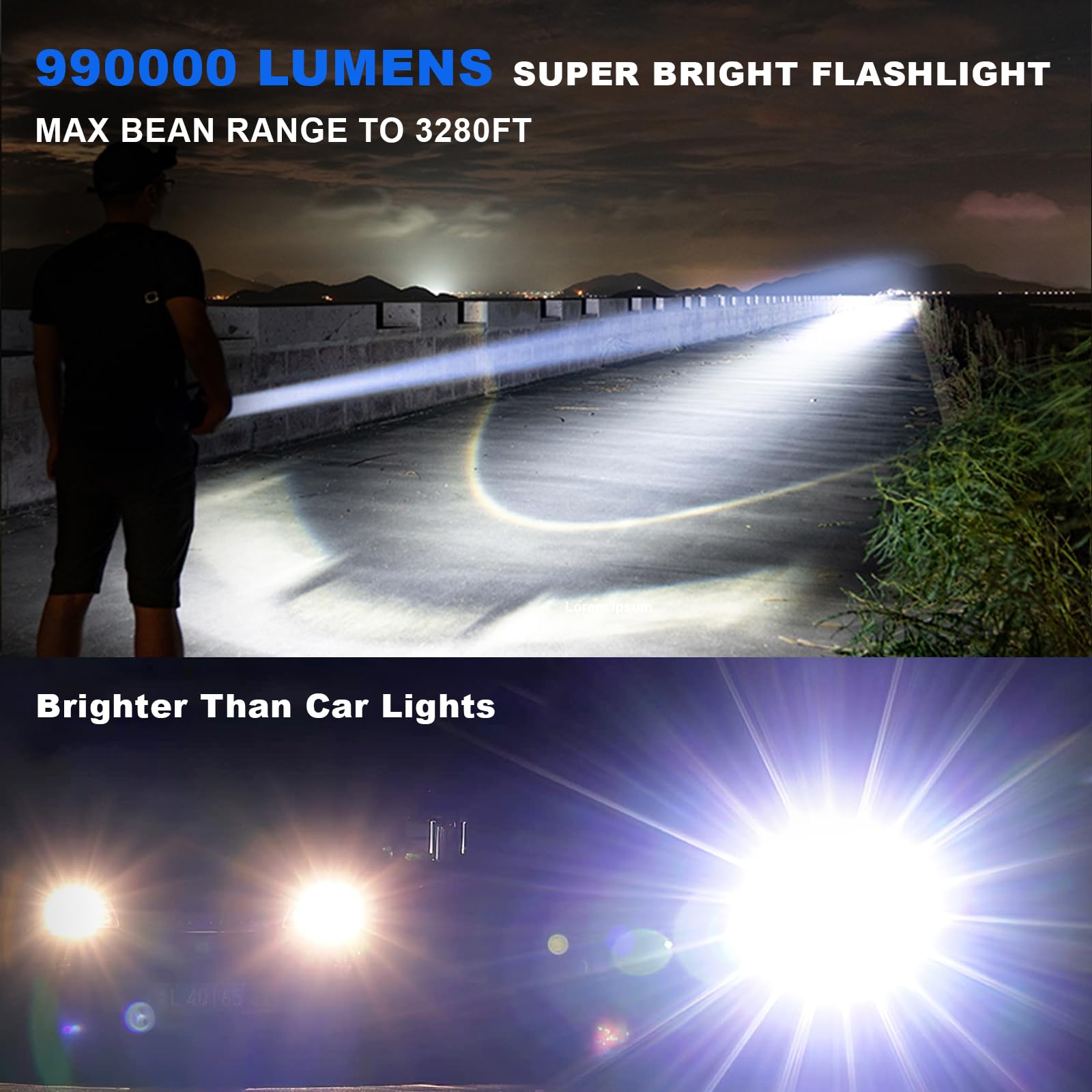 Cinlinso Flashlights High Lumens Rechargeable, 990,000 Lumens Super Bright Led Flash Light, 7 Modes with COB Light, IPX6 Waterproof, Handheld Powerful Flashlight for hu∩ting, Camping, Emerge∩cies