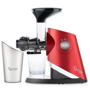 sana 727 supreme cold press masticating juicer | large batch | non-stop juicing | 4 speed brushless dc motor | 45-120 rpm’s | easy clean 132 page recipe book | 15 year warranty | red