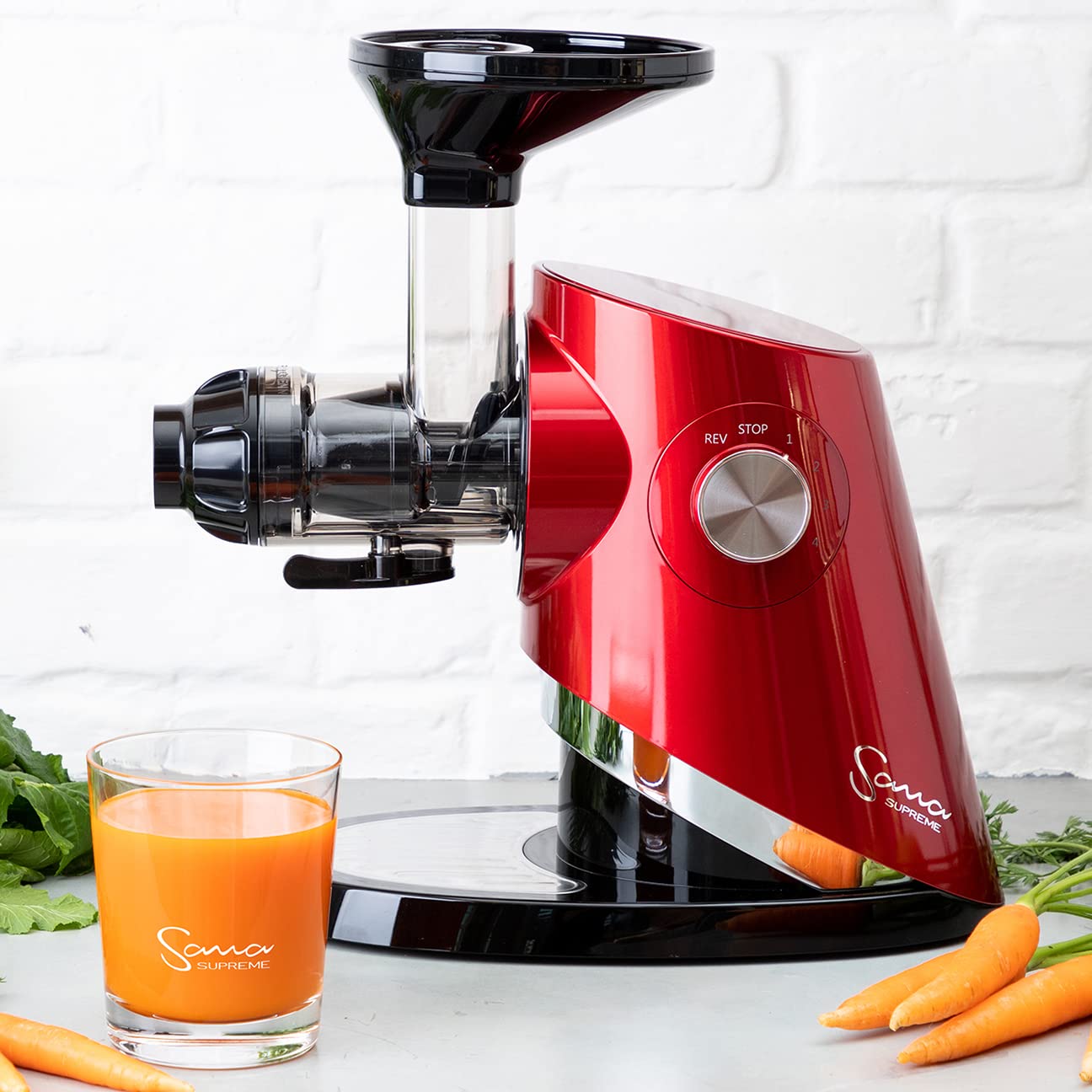 Sana 727 Supreme Cold Press Masticating Juicer | Large Batch | Non-Stop Juicing | 4 Speed Brushless DC Motor | 45-120 RPM’s | Easy clean 132 Page Recipe Book | 15 Year Warranty | Red