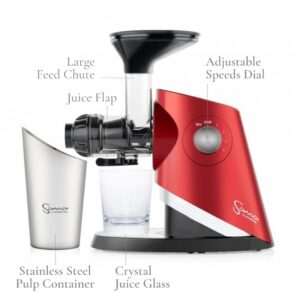 Sana 727 Supreme Cold Press Masticating Juicer | Large Batch | Non-Stop Juicing | 4 Speed Brushless DC Motor | 45-120 RPM’s | Easy clean 132 Page Recipe Book | 15 Year Warranty | Red