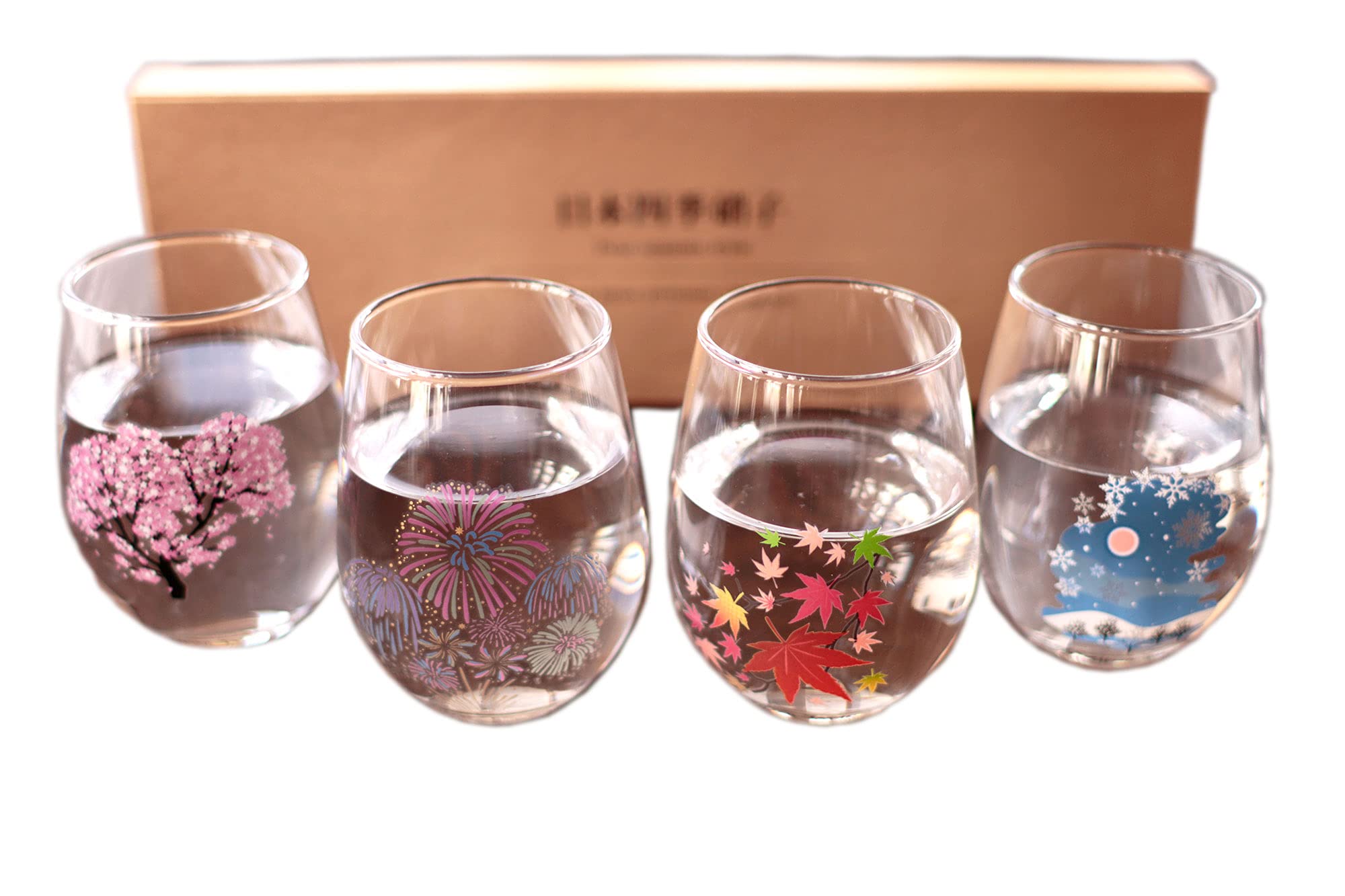 丸モ高木陶器 Japanese Four Seasons Color Changing Glass Cup Set, Magical Blooming Multi-purpose Glasses – Cherry Blossom, Fireworks, Autumn Leaves, Snowflakes