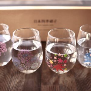 丸モ高木陶器 Japanese Four Seasons Color Changing Glass Cup Set, Magical Blooming Multi-purpose Glasses – Cherry Blossom, Fireworks, Autumn Leaves, Snowflakes