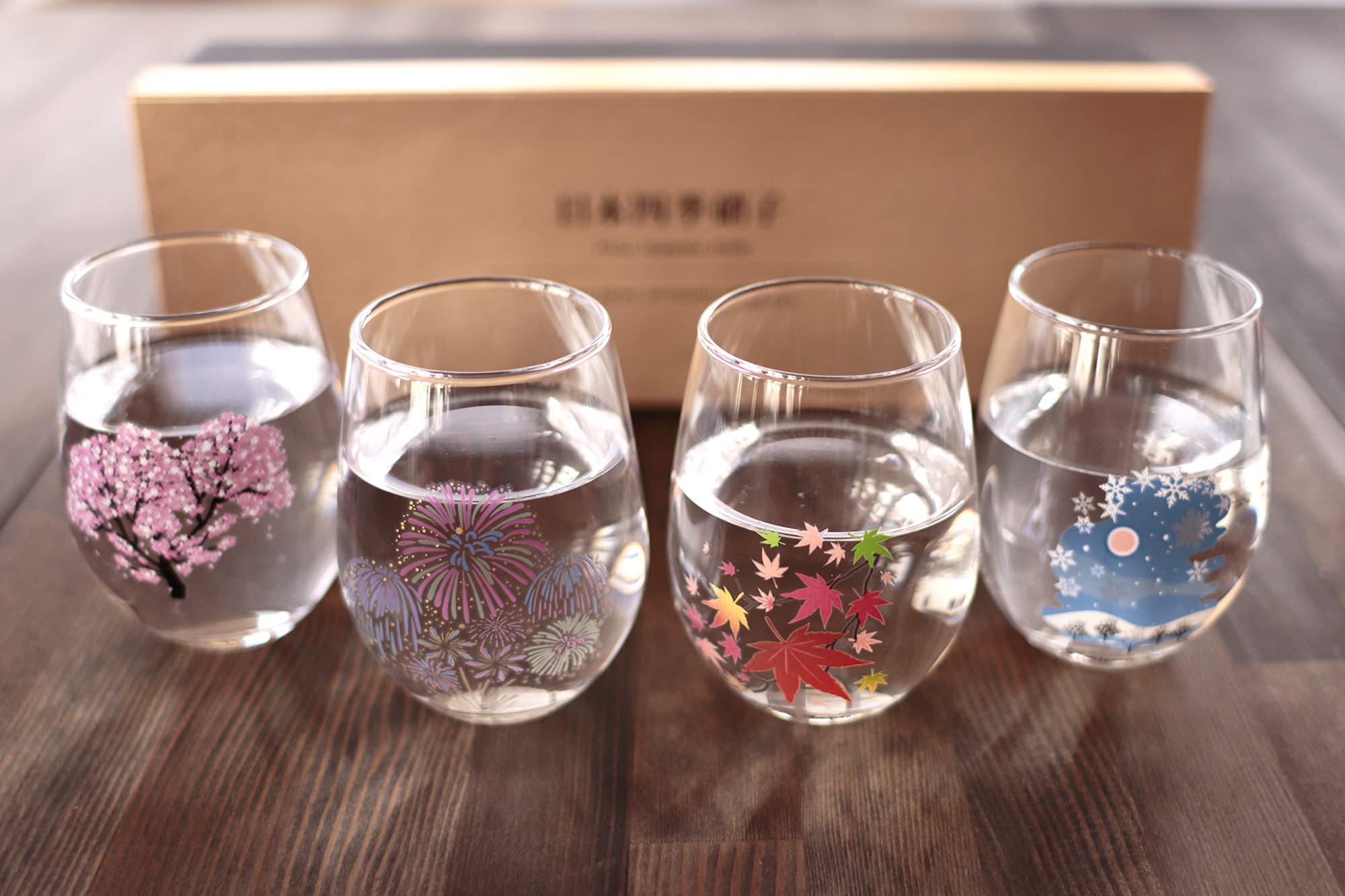 丸モ高木陶器 Japanese Four Seasons Color Changing Glass Cup Set, Magical Blooming Multi-purpose Glasses – Cherry Blossom, Fireworks, Autumn Leaves, Snowflakes