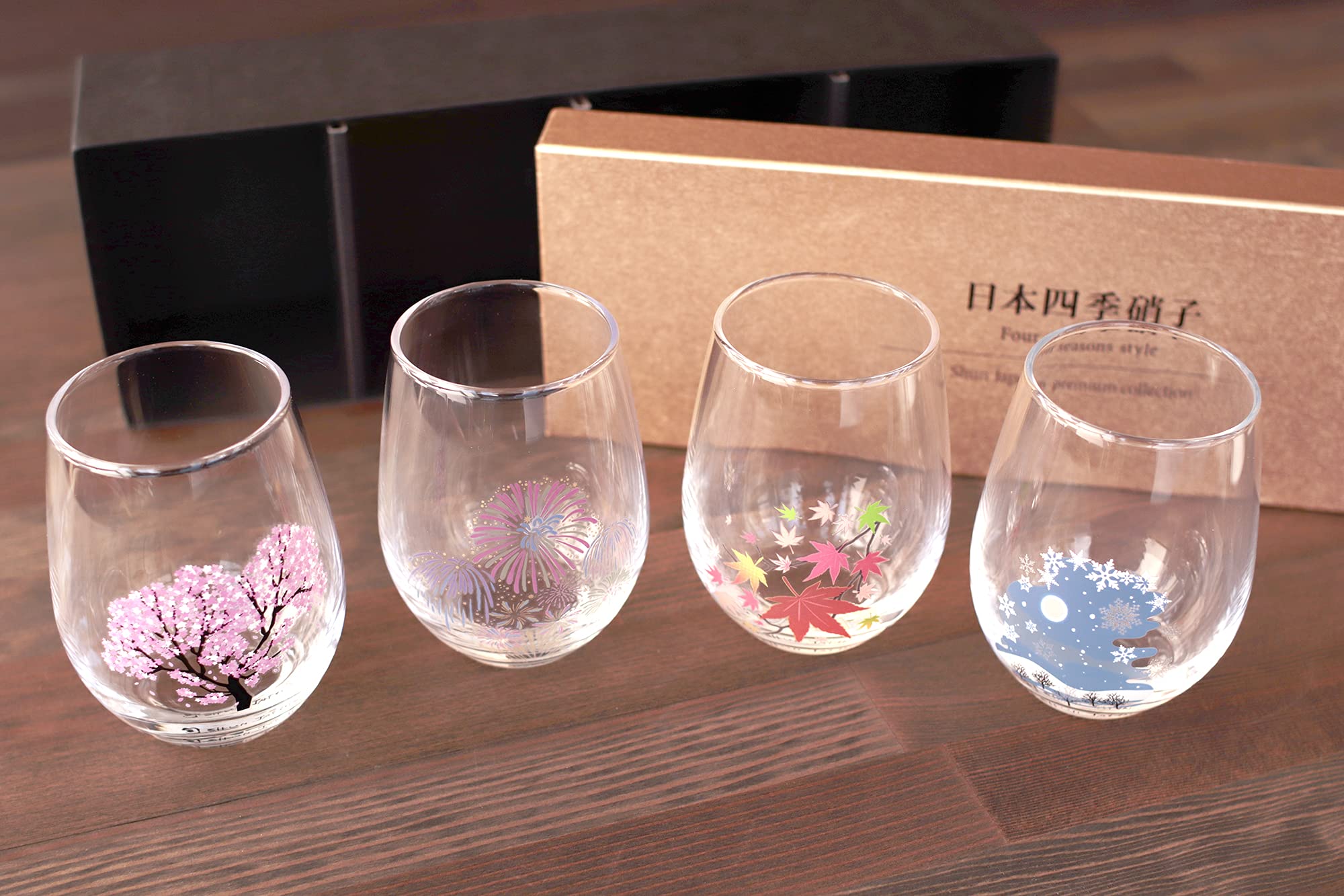 丸モ高木陶器 Japanese Four Seasons Color Changing Glass Cup Set, Magical Blooming Multi-purpose Glasses – Cherry Blossom, Fireworks, Autumn Leaves, Snowflakes