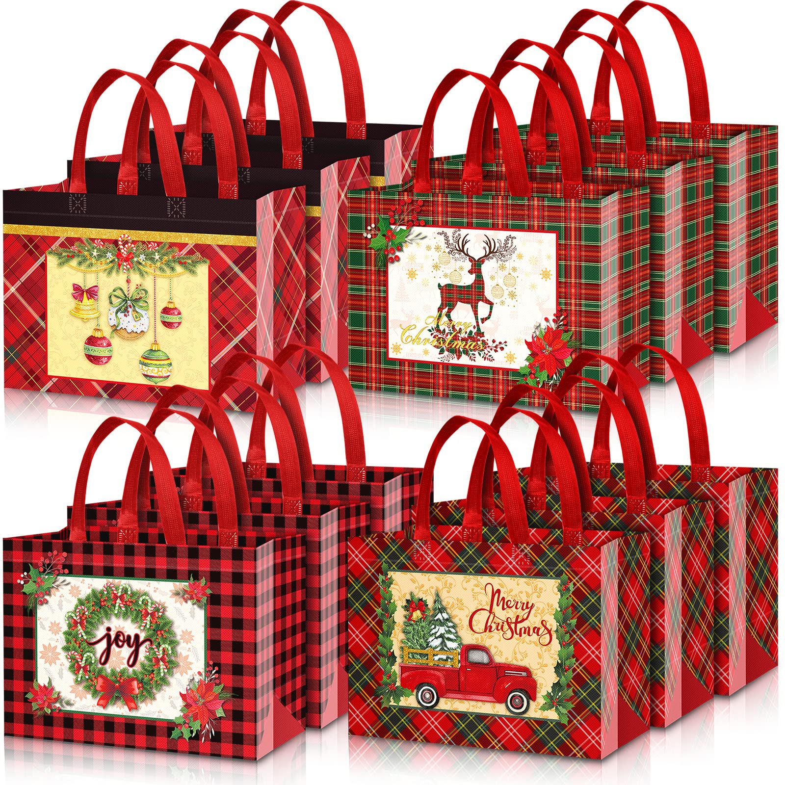 Whaline 12Pcs Christmas Plaid Large Tote Bags with Handles Reusable Red Grocery Shopping Bag Non-Woven Bags Black Green Lattice Gift Bag Truck Wreath Waterproof Party Treat Goodie Bag for Favors