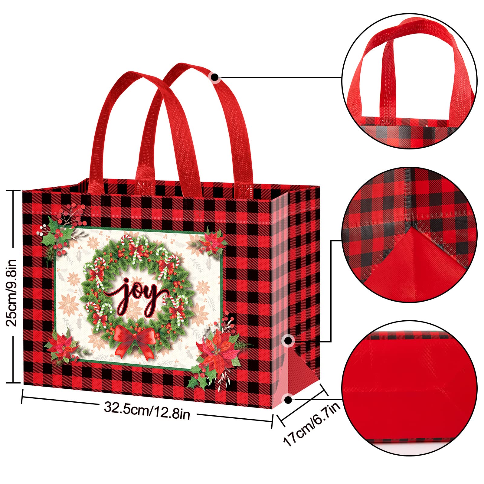 Whaline 12Pcs Christmas Plaid Large Tote Bags with Handles Reusable Red Grocery Shopping Bag Non-Woven Bags Black Green Lattice Gift Bag Truck Wreath Waterproof Party Treat Goodie Bag for Favors