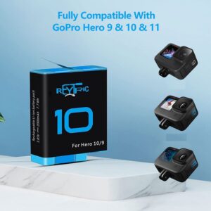 REYTRIC Hero 10 12 11 9 Batteries 2-Pack and 3-Channel Charger Compatible with GoPro Hero 11 12 Black, GoPro Hero 10 Black, GoPro Hero 9 Black (Fully Compatible with GoPro11/12 GoPro10 GoPro9)