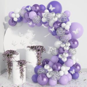 onemere purple balloon garland kit 140 pcs, baby shower decorations for girl with 12 pcs butterfly stickers lavender metallic silver balloon arch for birthday party bridal shower