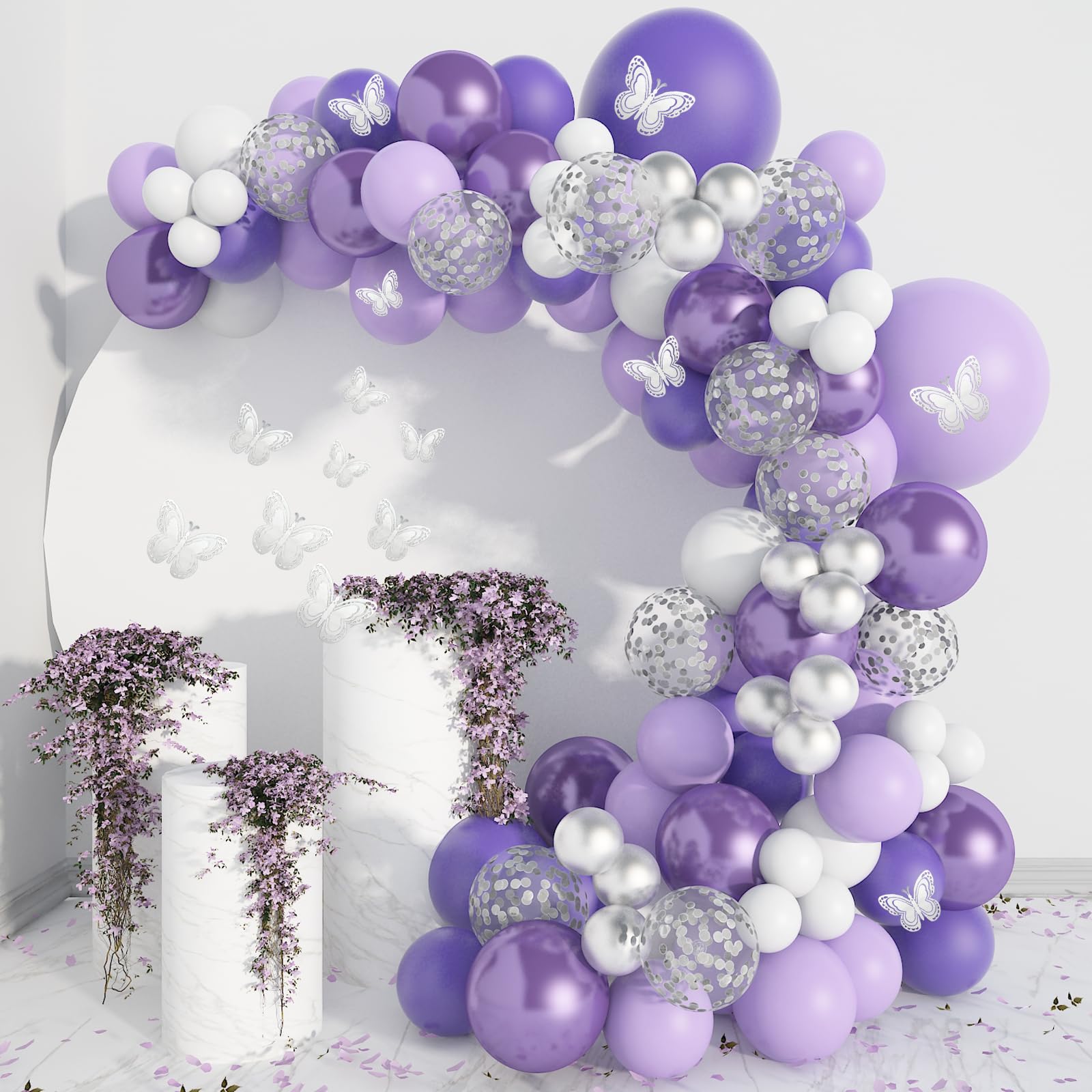 Onemere Purple Balloon Garland Kit 140 Pcs, Baby Shower Decorations for Girl with 12 Pcs Butterfly Stickers Lavender Metallic Silver Balloon Arch for Birthday Party Bridal Shower