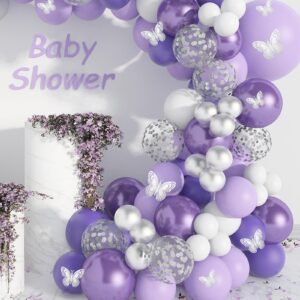 Onemere Purple Balloon Garland Kit 140 Pcs, Baby Shower Decorations for Girl with 12 Pcs Butterfly Stickers Lavender Metallic Silver Balloon Arch for Birthday Party Bridal Shower