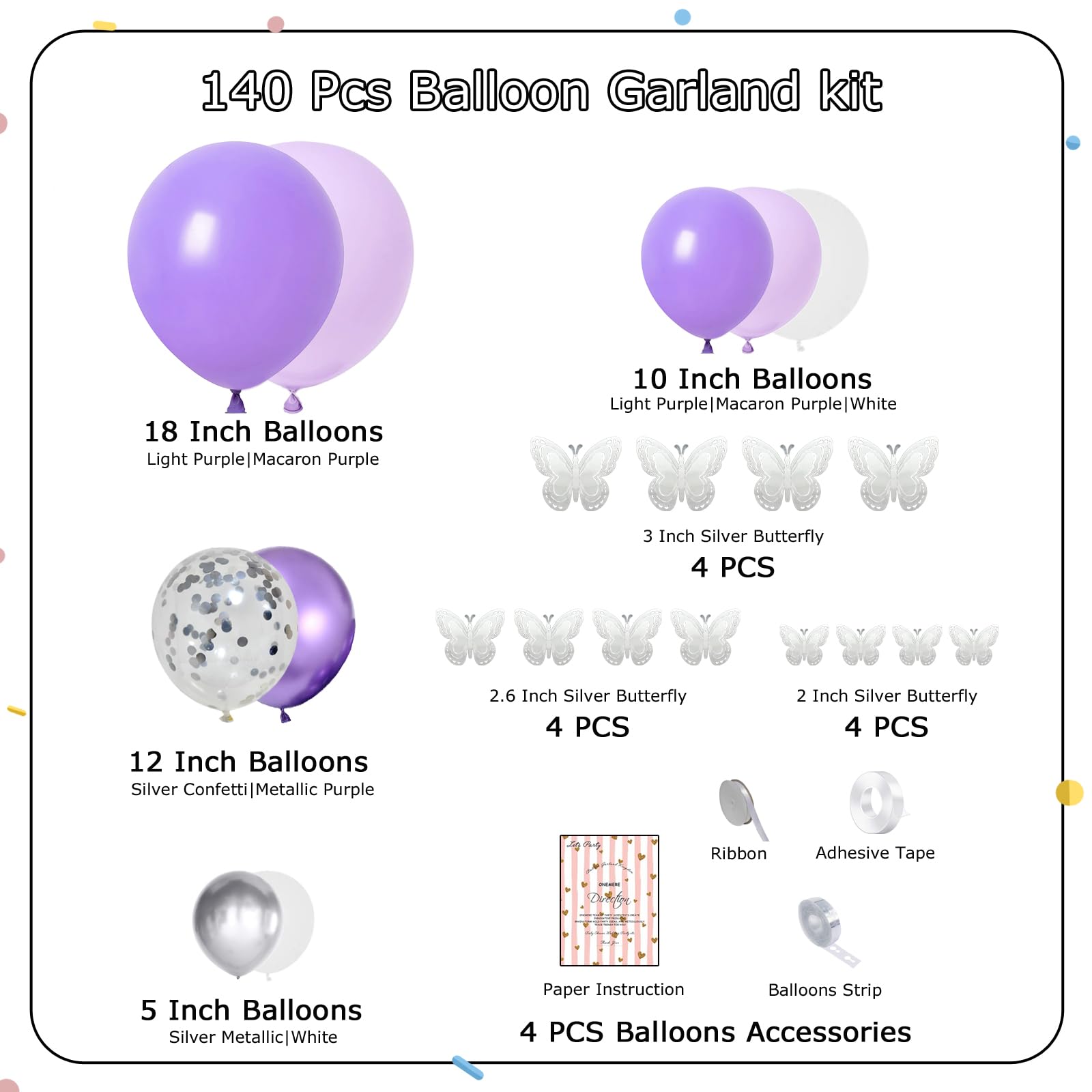 Onemere Purple Balloon Garland Kit 140 Pcs, Baby Shower Decorations for Girl with 12 Pcs Butterfly Stickers Lavender Metallic Silver Balloon Arch for Birthday Party Bridal Shower