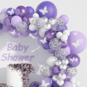 Onemere Purple Balloon Garland Kit 140 Pcs, Baby Shower Decorations for Girl with 12 Pcs Butterfly Stickers Lavender Metallic Silver Balloon Arch for Birthday Party Bridal Shower