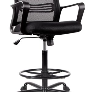 Tall Office Chair for Standing Desk - Comfortable Drafting Chairs with Armrest Adjustable Foot Ring Ergonomic Mesh Mid-Back Desk Chair - Deep Black