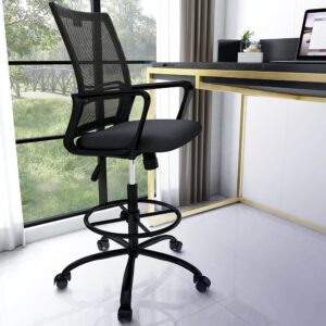 Tall Office Chair for Standing Desk - Comfortable Drafting Chairs with Armrest Adjustable Foot Ring Ergonomic Mesh Mid-Back Desk Chair - Deep Black