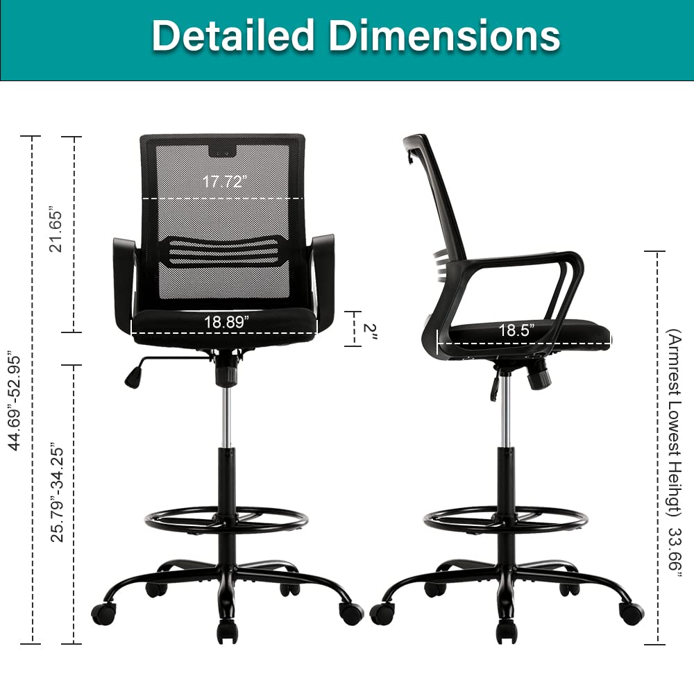 Tall Office Chair for Standing Desk - Comfortable Drafting Chairs with Armrest Adjustable Foot Ring Ergonomic Mesh Mid-Back Desk Chair - Deep Black