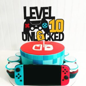 Level 10th Unlocked Cake Topper Game Controller 10s Cake Decoration Happy 10 Birthday Cake Decor Video Play Game Movie Theme Boys Girls Men Women Teenager Bday Party Event Celebration Supplies