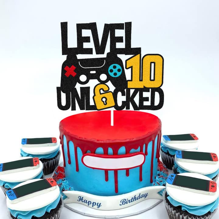 Level 10th Unlocked Cake Topper Game Controller 10s Cake Decoration Happy 10 Birthday Cake Decor Video Play Game Movie Theme Boys Girls Men Women Teenager Bday Party Event Celebration Supplies