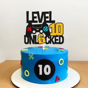 Level 10th Unlocked Cake Topper Game Controller 10s Cake Decoration Happy 10 Birthday Cake Decor Video Play Game Movie Theme Boys Girls Men Women Teenager Bday Party Event Celebration Supplies