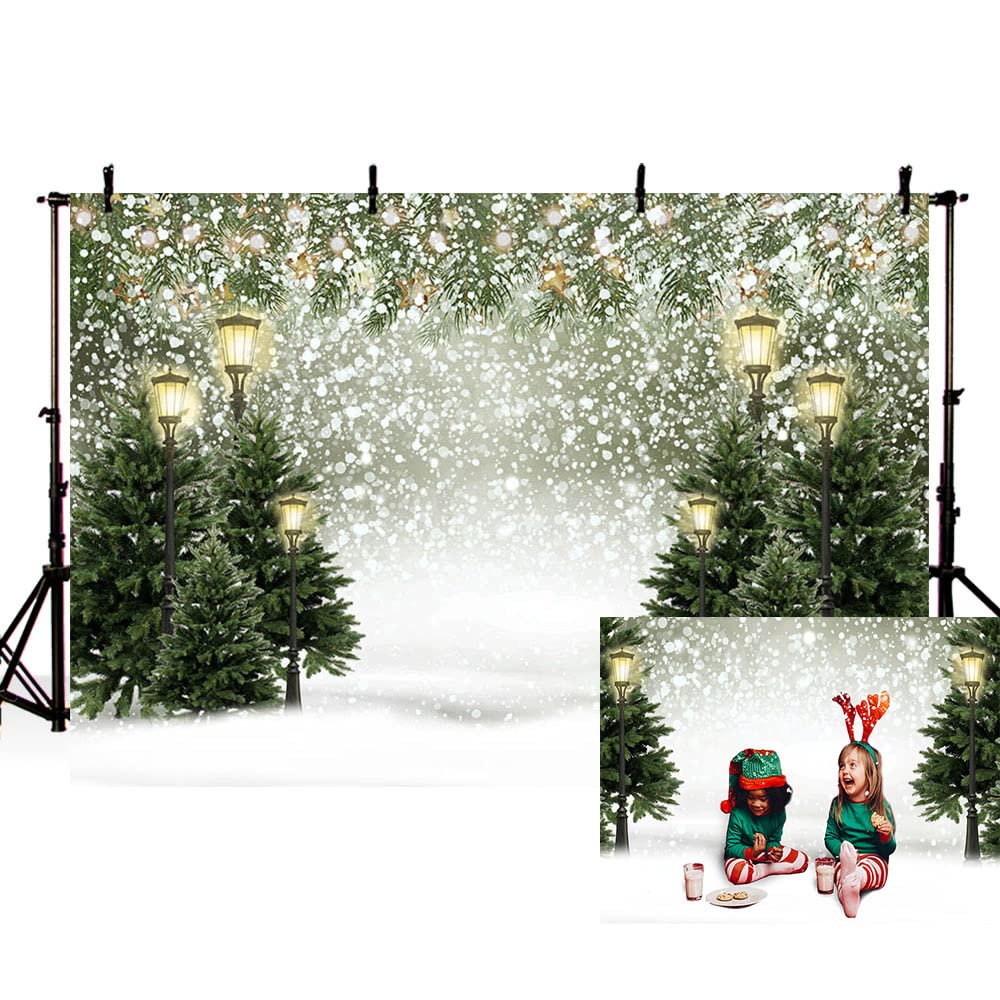 MEHOFOND Winter Christmas Tree Snowflake Photography Background Street Lamp Xmas Birthday Decoration Snowflake Banner Photo Backdrop Booth Props Vinyl 8x6ft