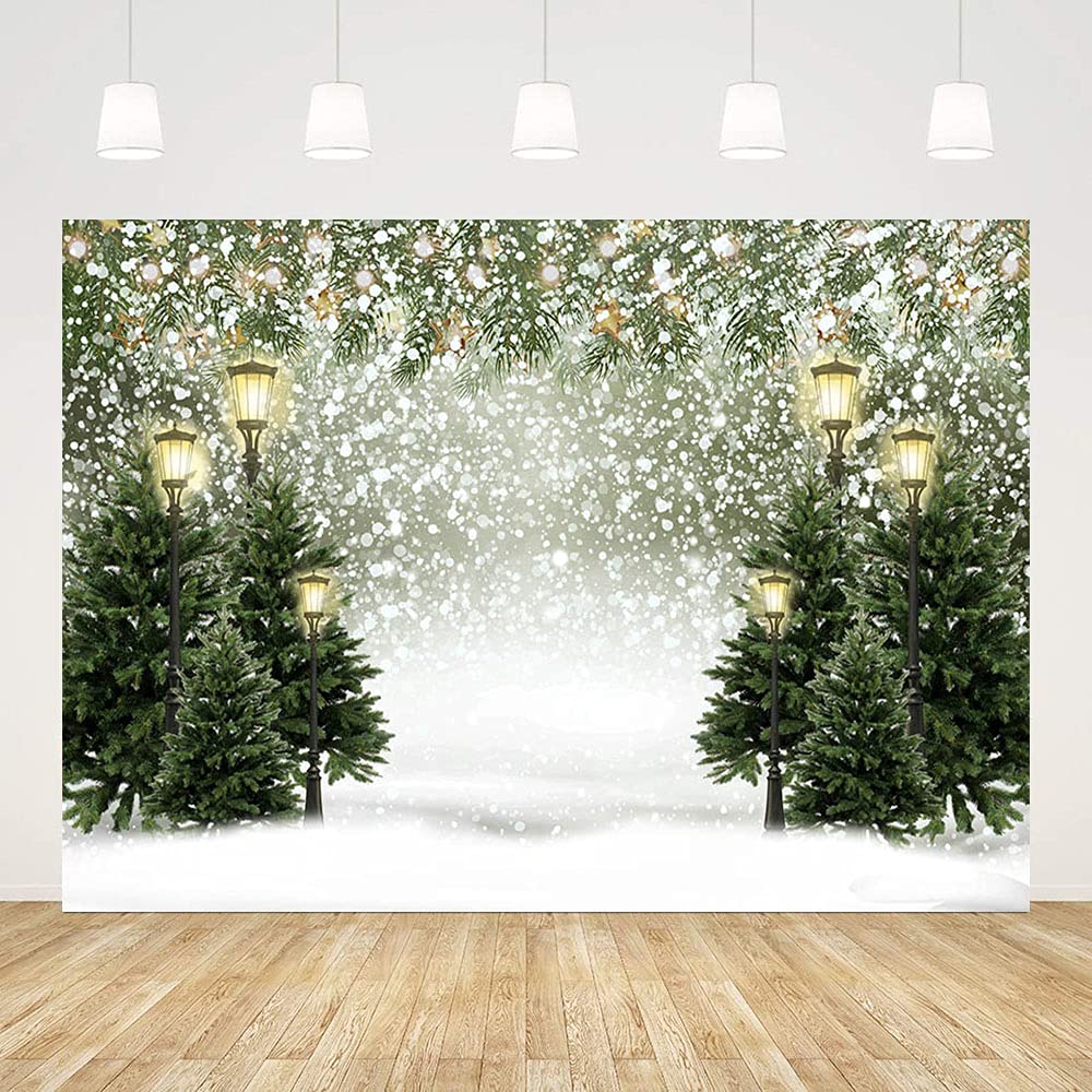 MEHOFOND Winter Christmas Tree Snowflake Photography Background Street Lamp Xmas Birthday Decoration Snowflake Banner Photo Backdrop Booth Props Vinyl 8x6ft