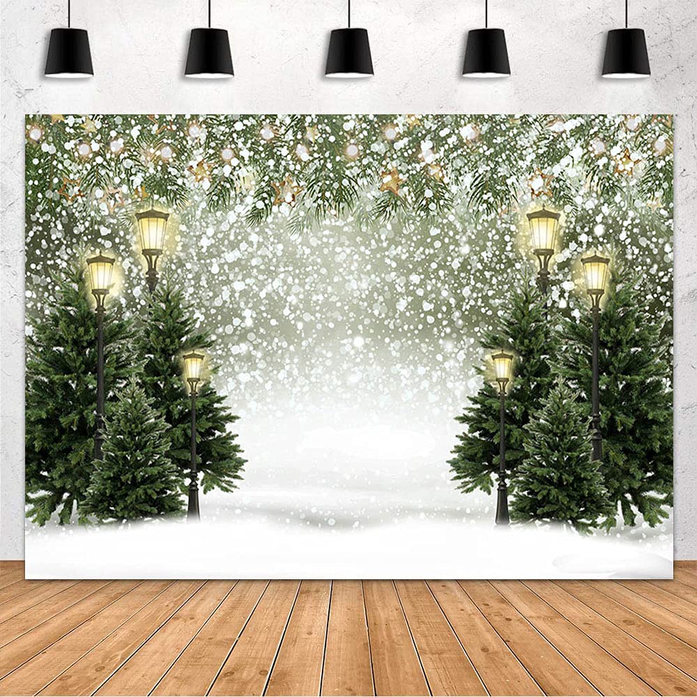 MEHOFOND Winter Christmas Tree Snowflake Photography Background Street Lamp Xmas Birthday Decoration Snowflake Banner Photo Backdrop Booth Props Vinyl 8x6ft