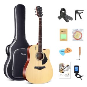 rosen solid top dreadnought acoustic guitar 41 inches spruce guitar beginner bundle with book, padded bag, strings, picks, tuner, hexwrench, strap, polishing cloth, natural